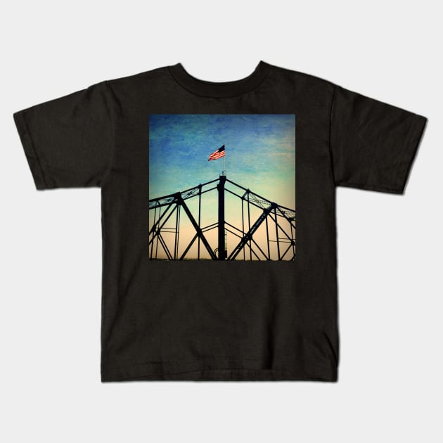Stars and Stripes Flying Over Mississippi River Kids T-Shirt by Debra Martz